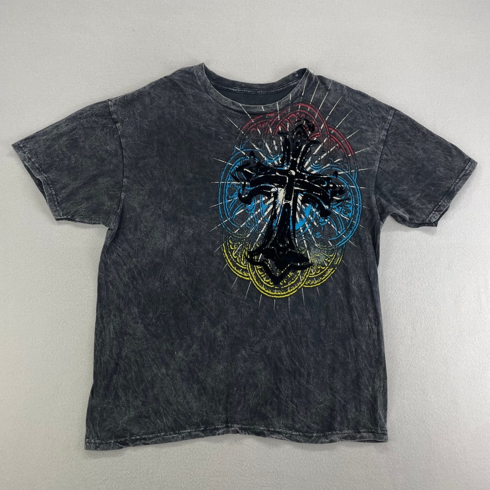 Positano Y2K T-Shirt Large Acid Wash Crucifix Graphic Tee Cross Affliction VTG‎